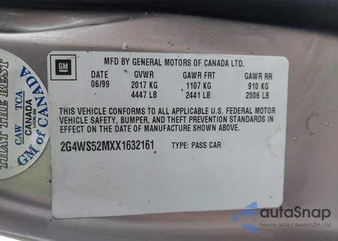 1999 Buick Century Custom z USA, uszkodzony, nr VIN 2G4WS52MXX1632161